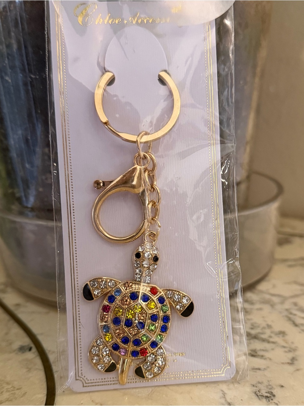 Gold-Tone Multicolor Crystal Turtle Key & Card Holder Charm